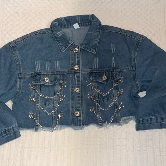 Blue jean cropped jacket with removable chains. 2 ways to wear - Picture 8 of 10